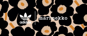 マリメッコのモチーフを背景にアディダずのロゴとマリメッコのロゴ